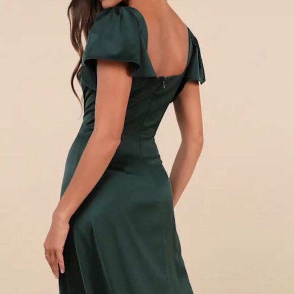 Lulus Ultimate Sweetness Emerald Green Satin Flutter Sleeve Maxi Dress - Size M - Picture 3 of 5